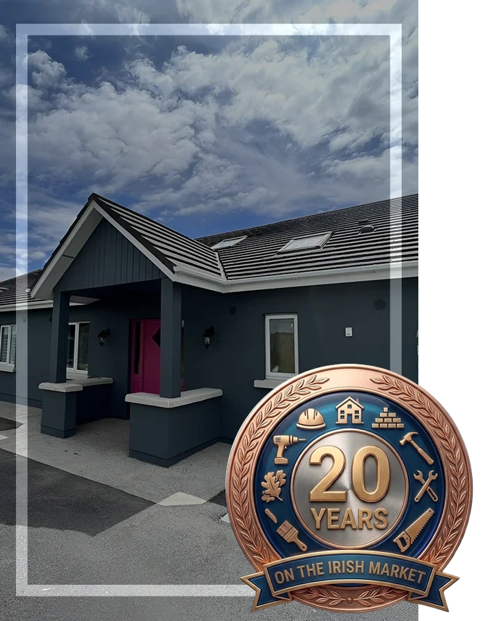 Bungalow exterior repainted in dark grey with a pink front door — Polish Painters, Waterford